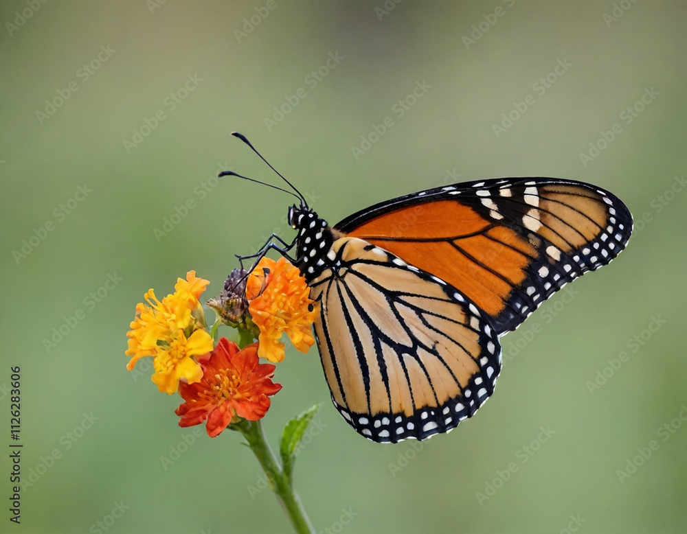 Obraz premium Monarch butterfly, vibrant orange wings, black veins, white spots, yellow flowers, green leaves, soft focus background, macro photography, detailed wings, nature close-up, delicate insect, pollinator,