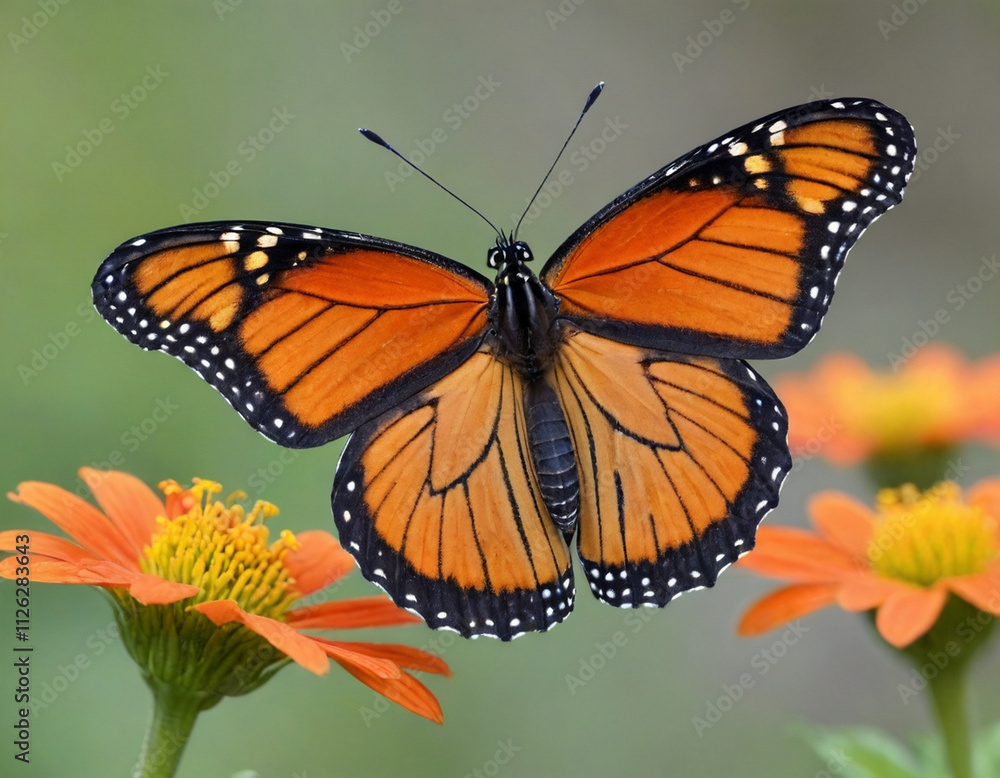Naklejka premium Monarch butterfly, vibrant orange wings, black veins, white spots, yellow flowers, green leaves, soft focus background, macro photography, detailed wings, nature close-up, delicate insect, pollinator,
