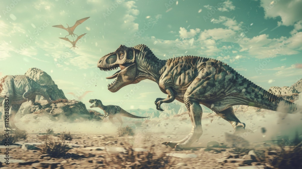 Majestic Scene of Dinosaurs in Prehistoric Landscape Majestic Scene of Dinosaurs in Prehistoric Landscape