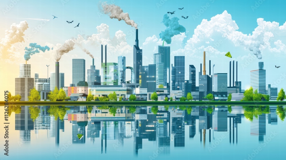 Obraz premium Urban Landscape with Industrial Skyline and Reflection in Water