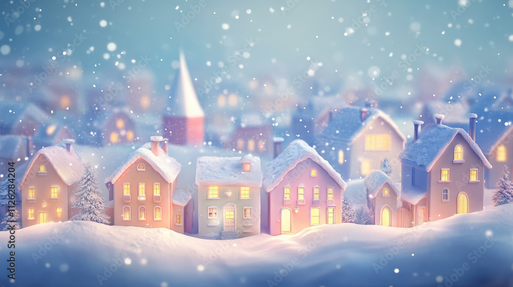 A snowy town with houses lit up at night A snowy town with houses lit up at night