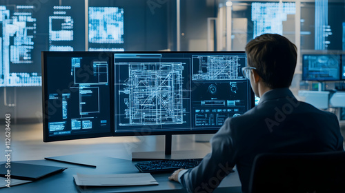 A person working at a desk with multiple computer monitors displaying technical blueprints and data in a modern office setting.