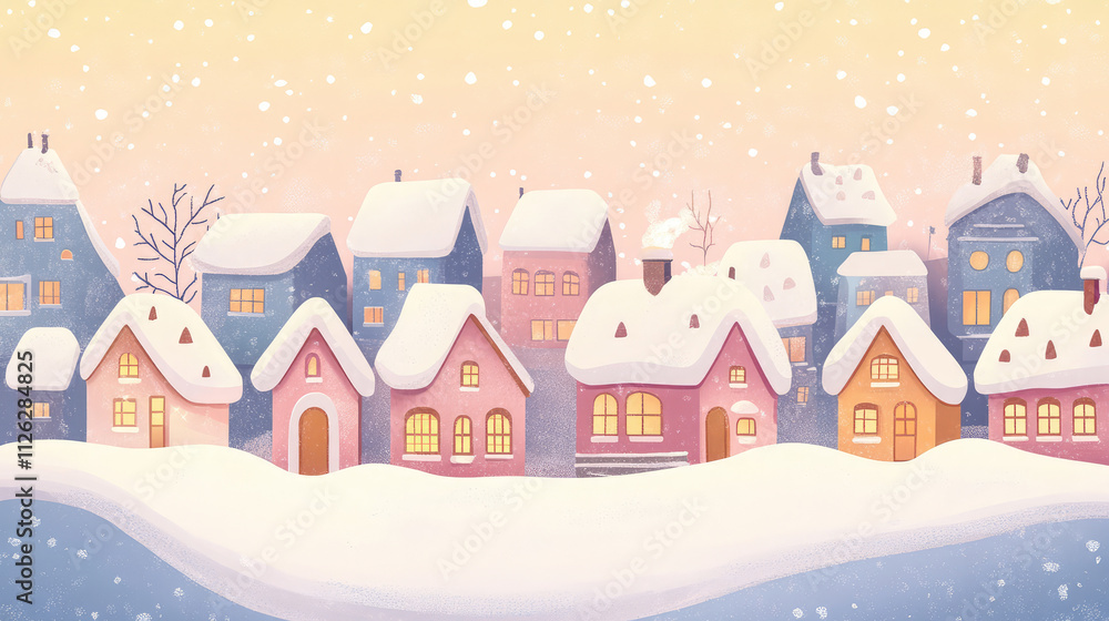 A cartoon drawing of a snowy town with houses and a chimney A cartoon drawing of a snowy town with houses and a chimney