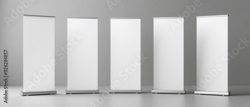Blank Roll Up Banner Displays Mockup - Gray Background - Realistic Vector