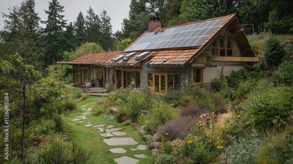Cozy Sustainable Home Surrounded by Lush Greenery and Wildflowers Cozy Sustainable Home Surrounded by Lush Greenery and Wildflowers
