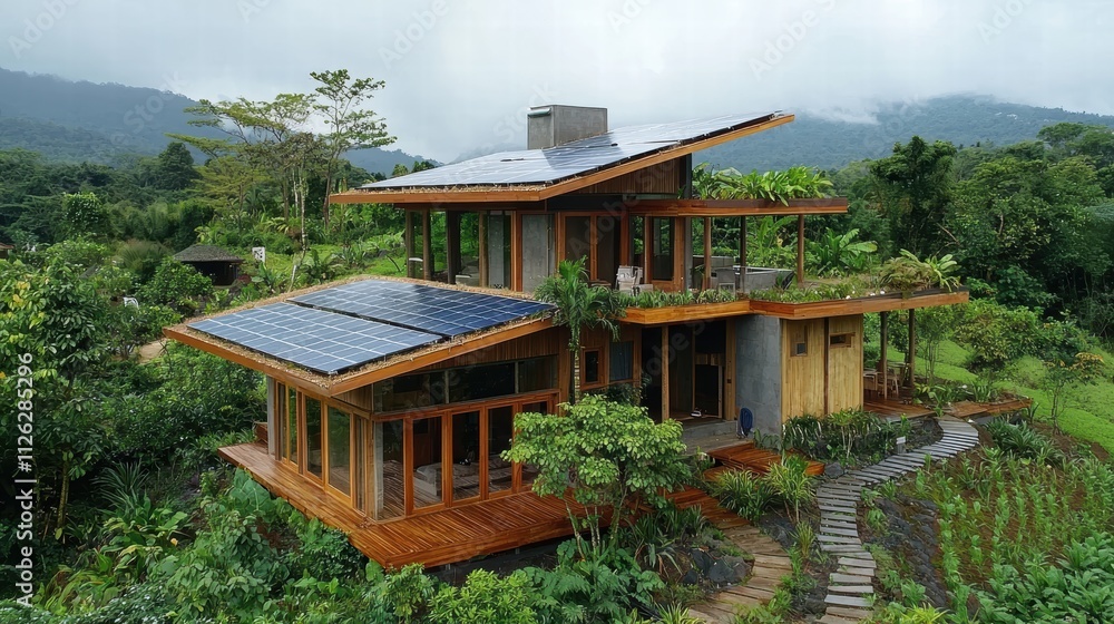 Modern Eco-Friendly House Surrounded by Lush Green Landscape Modern Eco-Friendly House Surrounded by Lush Green Landscape