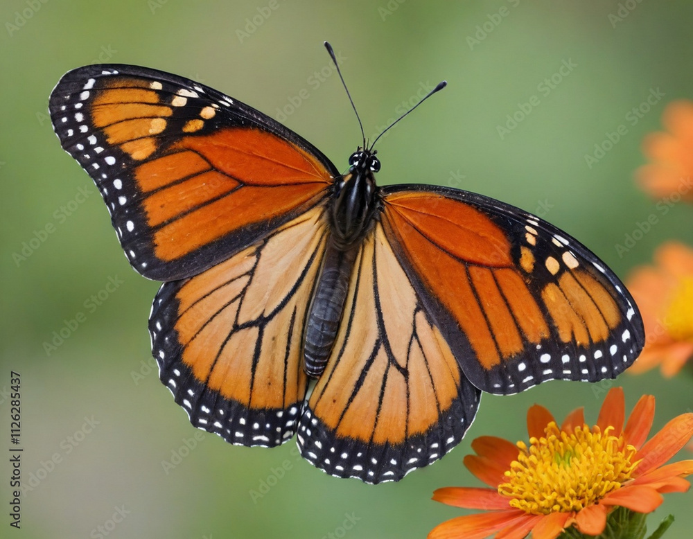 Monarch butterfly, vibrant orange wings, black veins, white spots, yellow flowers, green leaves, soft focus background, macro photography, detailed wings, nature close-up, delicate insect, pollinator, Monarch butterfly, vibrant orange wings, black veins, white spots, yellow flowers, green leaves, soft focus background, macro photography, detailed wings, nature close-up, delicate insect, pollinator,