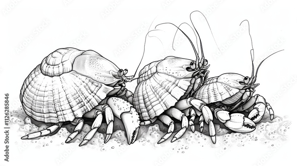Charming Line Art of Hermit Crabs in White Background Charming Line Art of Hermit Crabs in White Background