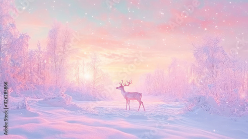 Adorable pastel winter wonderland with reindeer prancing in the snow. photo