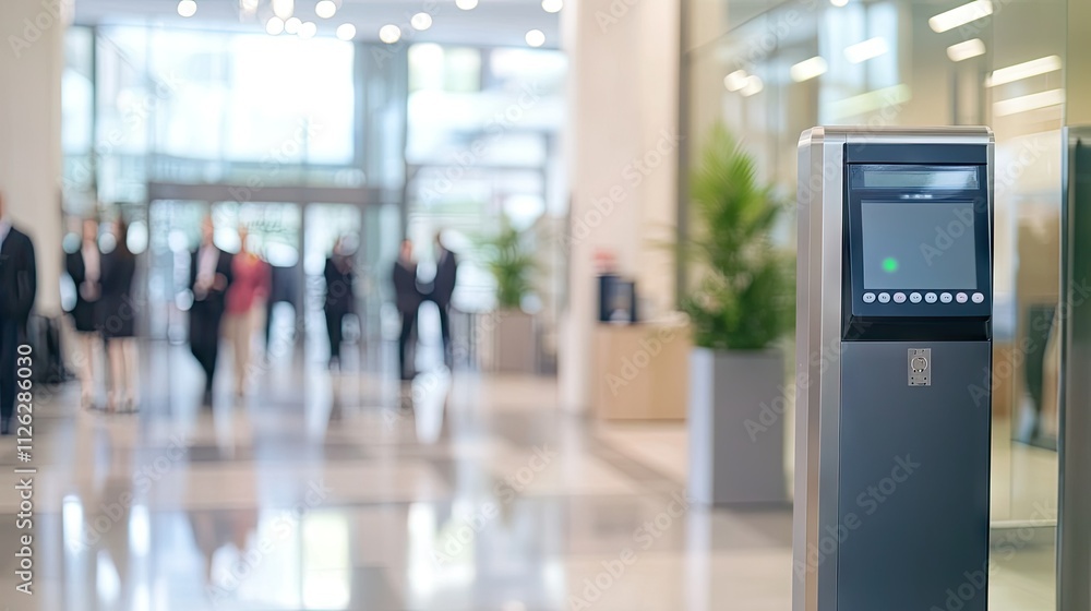 Security gate with a card scanner at the main entrance of a corporate office, with blurred employees in the background