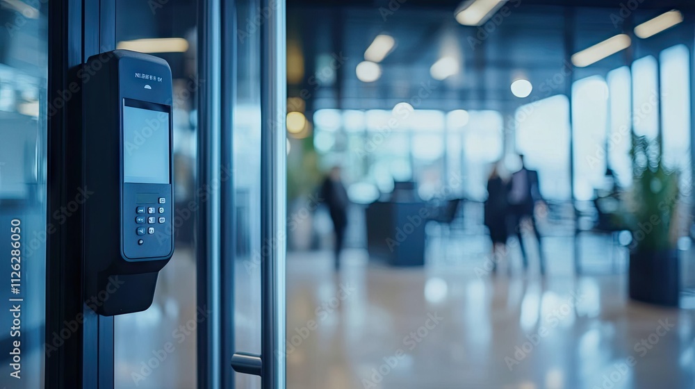 Security gate with a card scanner at the main entrance of a corporate office, with blurred employees in the background Security gate with a card scanner at the main entrance of a corporate office, with blurred employees in the background