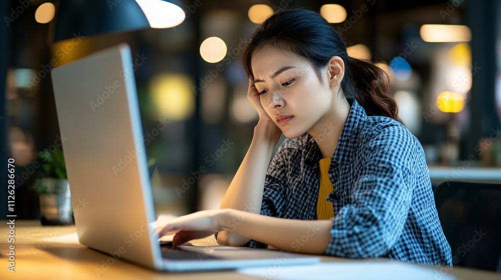 Young Woman Frustrated Working Late on Laptop Young Woman Frustrated Working Late on Laptop