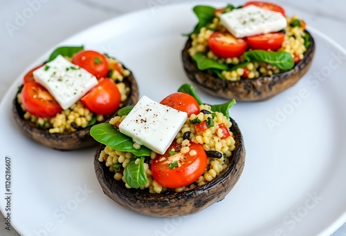 A Quinoa-stuffed Portobello Mushrooms With Spinach, Cherry Tomatoes, And Goat Cheese, Baked To Perfection, Healthy Food Photography, Food Healthy Menu Style Photo Image photo