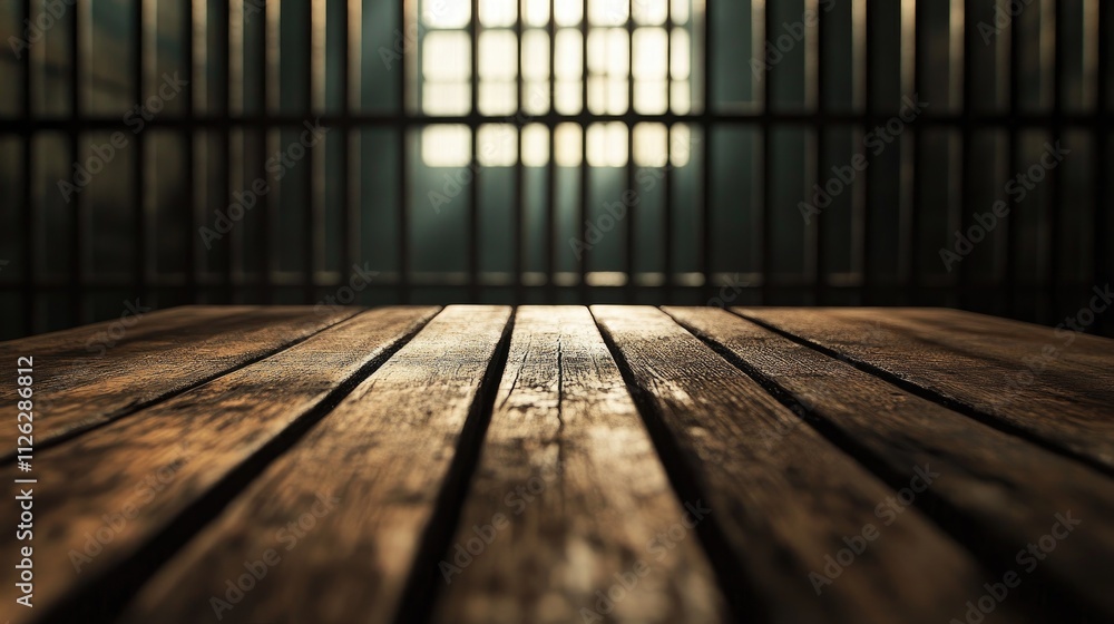 A close-up of a wooden table with a dimly lit jail and metallic bars softly blurred in the background, creating an atmospheric scene. A close-up of a wooden table with a dimly lit jail and metallic bars softly blurred in the background, creating an atmospheric scene.