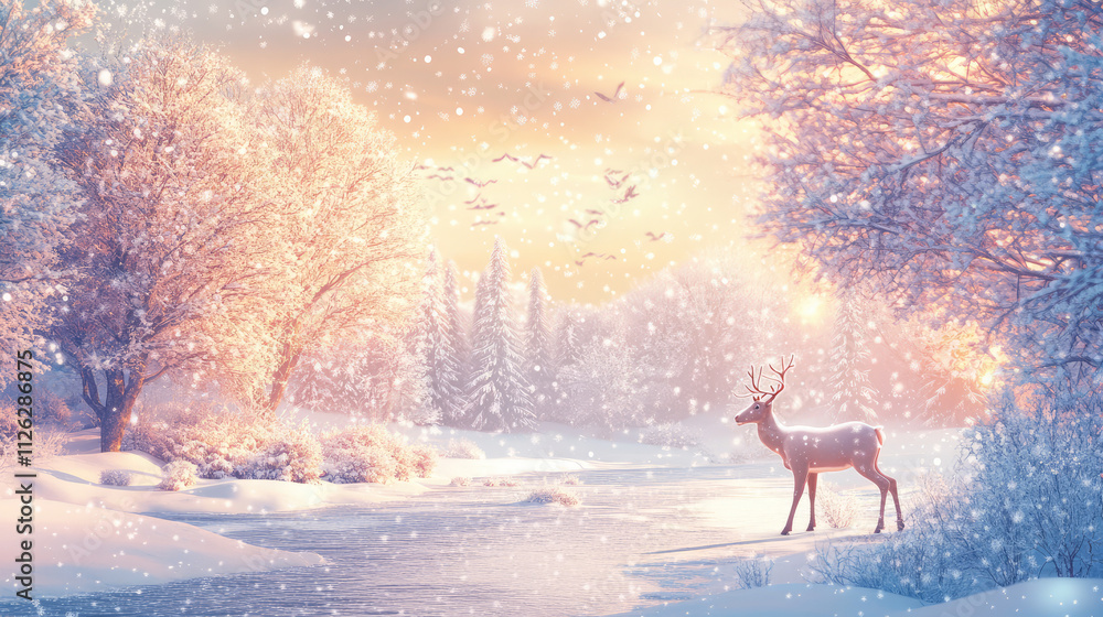 A deer is walking through a snowy forest A deer is walking through a snowy forest