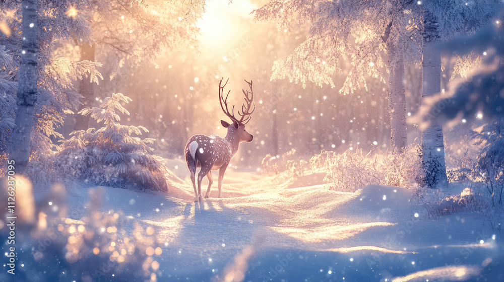 A deer is walking through a snowy forest A deer is walking through a snowy forest