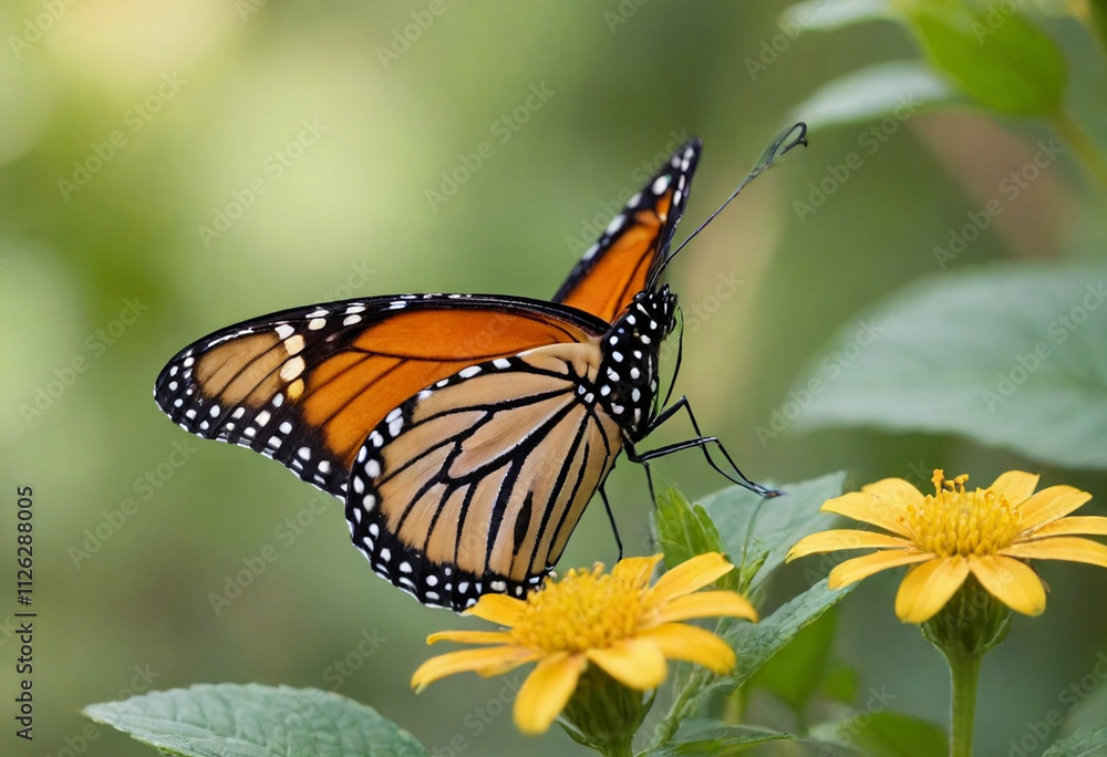 Monarch butterfly, vibrant orange wings, black veins, white spots, yellow flowers, green leaves, soft focus background, macro photography, detailed wings, nature close-up, delicate insect, pollinator, Monarch butterfly, vibrant orange wings, black veins, white spots, yellow flowers, green leaves, soft focus background, macro photography, detailed wings, nature close-up, delicate insect, pollinator,