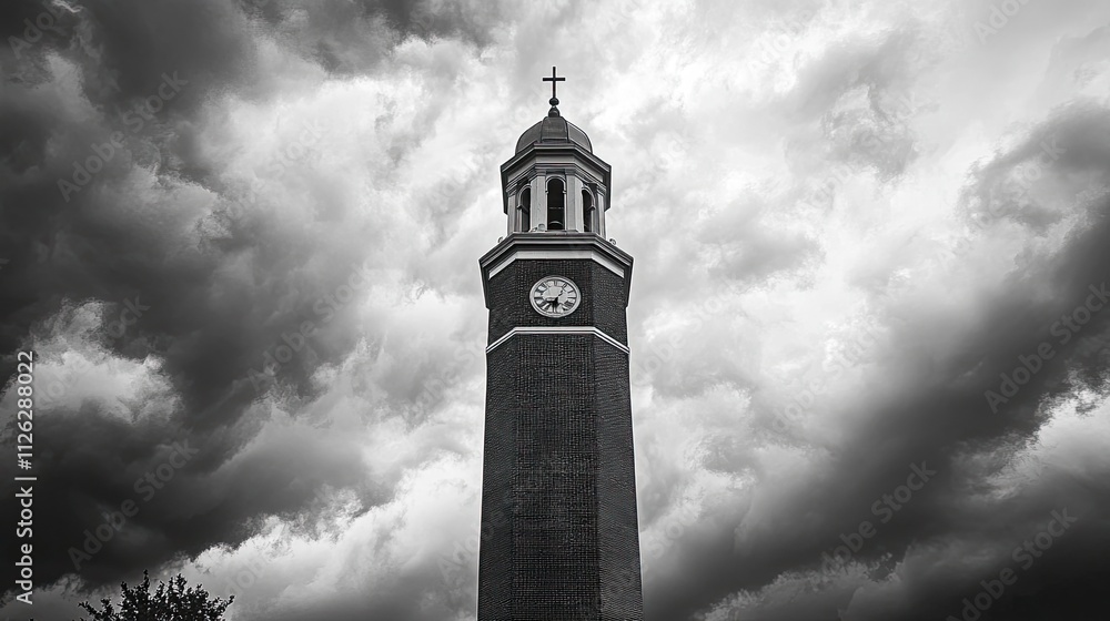 Obraz premium Dramatic Clock Tower Against Dark Stormy Sky in Black and White