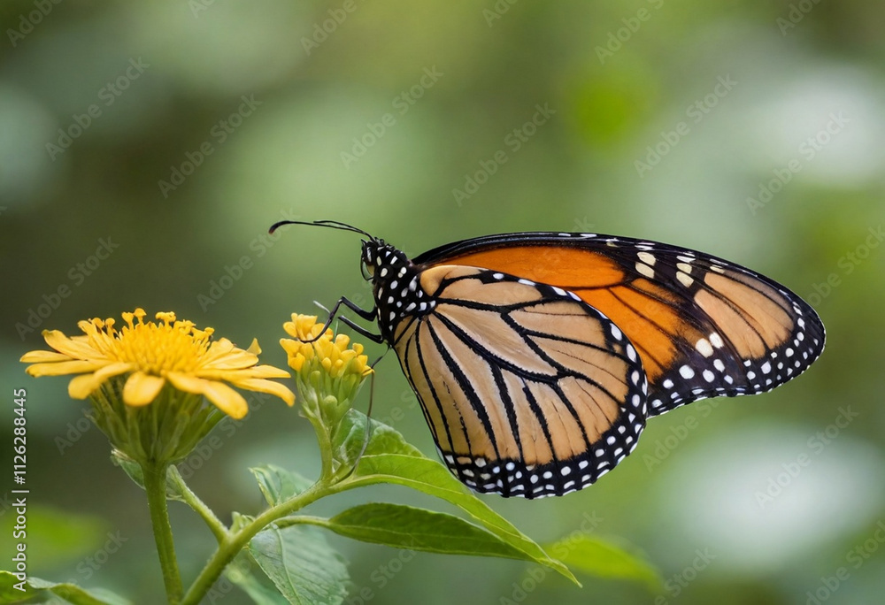 Monarch butterfly, vibrant orange wings, black veins, white spots, yellow flowers, green leaves, soft focus background, macro photography, detailed wings, nature close-up, delicate insect, pollinator, Monarch butterfly, vibrant orange wings, black veins, white spots, yellow flowers, green leaves, soft focus background, macro photography, detailed wings, nature close-up, delicate insect, pollinator,