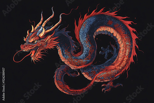 A vibrant, stylized dragon with fiery colors and intricate scales against a dark background.