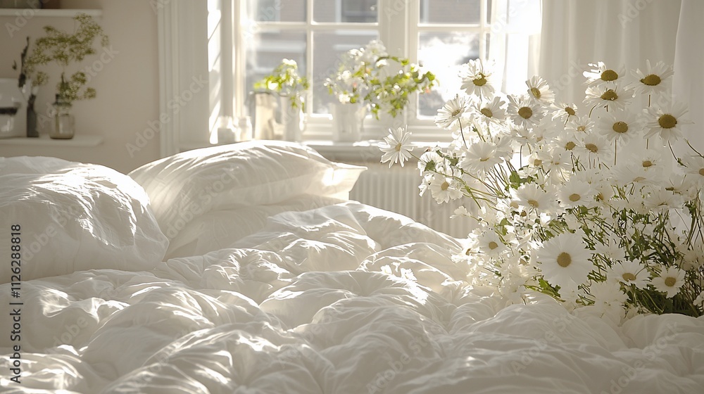 Sunlit bedroom with white bedding and daisies. Sunlit bedroom with white bedding and daisies.