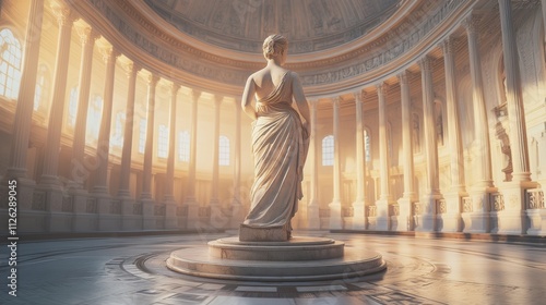 Elegant marble statue in grand rotunda illuminated by soft sunlight, surrounded by towering columns and intricate architecture