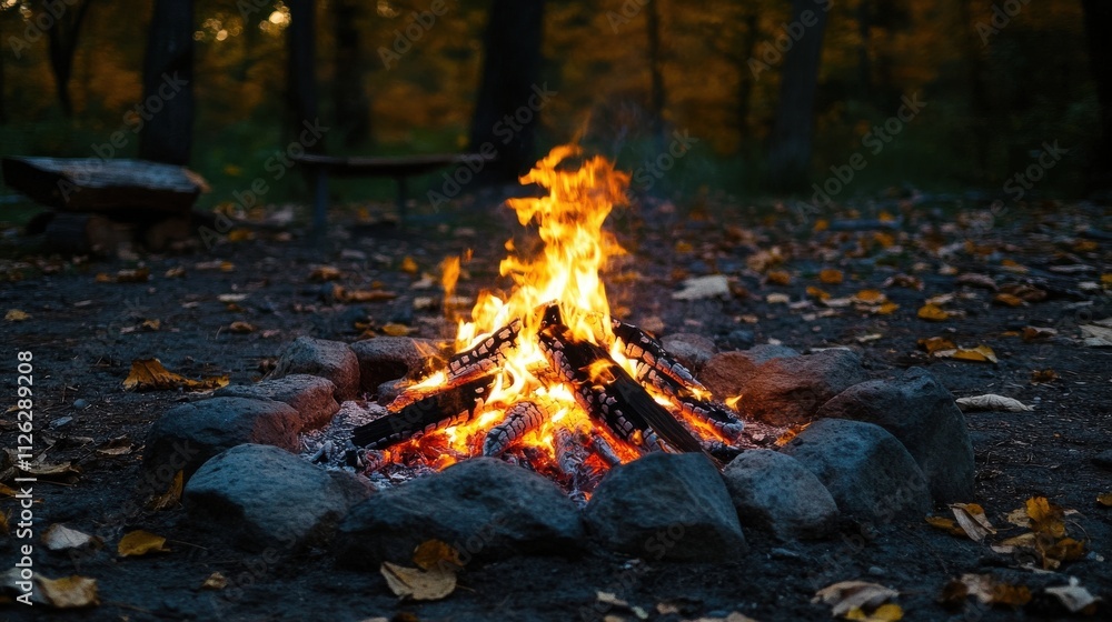 Campfire burning brightly in autumn forest. Campfire burning brightly in autumn forest.