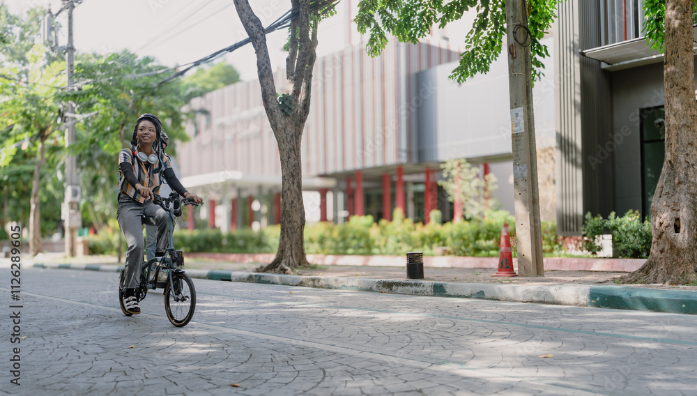 Commuting to work with bicycle. Young business person cycling and riding electric scooter to office in downtown district. Modern diversity people use eco transportation in city. Sustainable lifestyle. Commuting to work with bicycle. Young business person cycling and riding electric scooter to office in downtown district. Modern diversity people use eco transportation in city. Sustainable lifestyle.