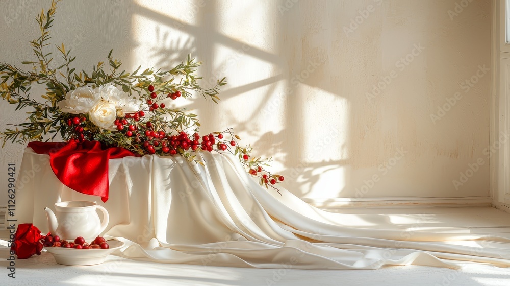 Elegant satin curtain featuring floral design and flowing fabric Elegant satin curtain featuring floral design and flowing fabric
