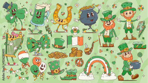 Saint Patrick day groovy characters. Leprechauns and golden coins, trefoil shamrock clover and irish rainbow retro groovy vector personages. St Patricks holiday funny leprechauns with hats and gold