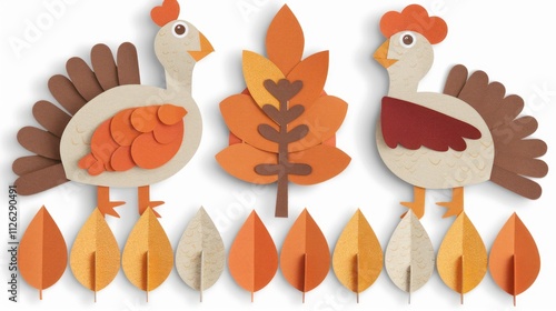 Thanksgiving Paper Cutouts of Turkeys and Autumn Leaves, Perfect for Seasonal Decorations and Craft Projects Celebrating Thanksgiving and Fall Harvest photo