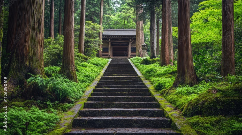 Obraz premium Serene Pathway Through Lush Green Forest Leading to Traditional Structure