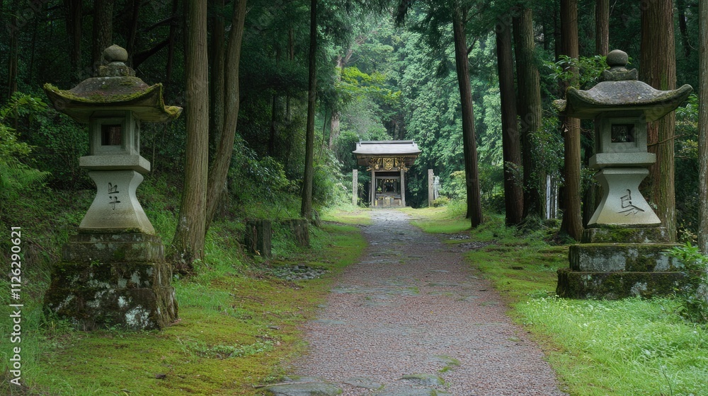 Tranquil Pathway Leading To Shrine Surrounded By Lush Nature Tranquil Pathway Leading To Shrine Surrounded By Lush Nature