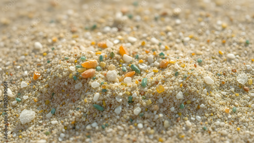 Layered visualization showing microplastics embedded in ocean sand.Concept of water pollution and global warming. Layered visualization showing microplastics embedded in ocean sand.Concept of water pollution and global warming.