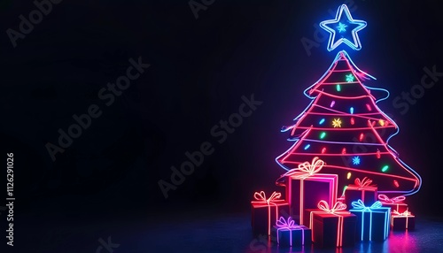 Neon Light Christmas Tree and Gifts Festive Sale Design Material photo