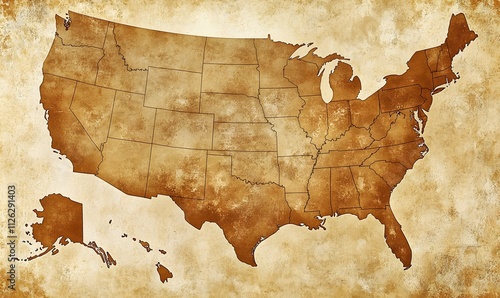 Antique-style map of the United States showing all 50 states.