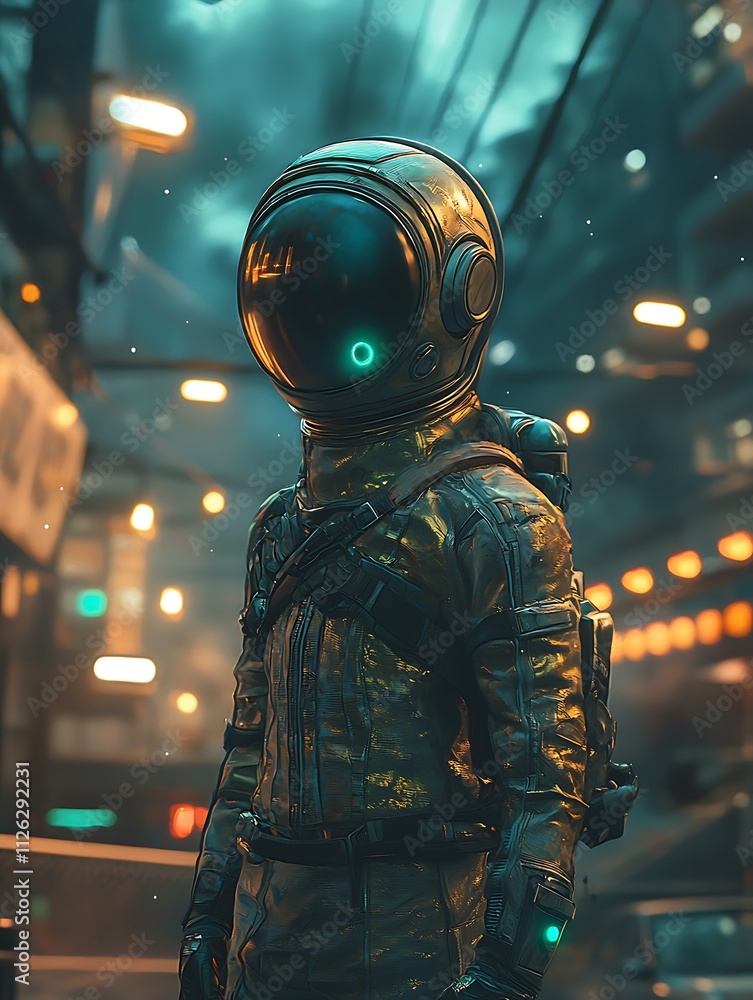 Futuristic Astronaut in a Cyberpunk City at Night. Futuristic Astronaut in a Cyberpunk City at Night.