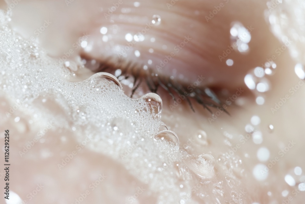 Obraz premium Closeup of human skin with moisture droplets indoor setting macro photography soft lighting beauty concept highlighting skin hydration and moisture content