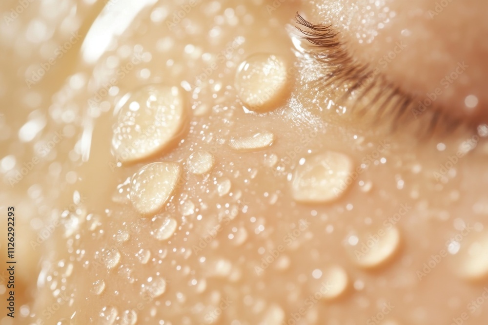 Fototapeta premium Moisture-infused closeup of human skin with water droplets wellness spa environment macro photography intimate viewpoint refreshing concept for skin hydration awareness