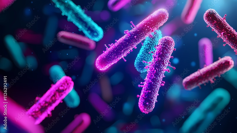 Vibrant, microscopic view of bacteria showcasing colorful and detailed structures, representing the diversity of microbial life. Vibrant, microscopic view of bacteria showcasing colorful and detailed structures, representing the diversity of microbial life.