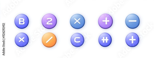 3d set of mathematical signs. plus- minus- divide- multiply- equal. round buttons for the calculator. vector illustration isolated on white background.