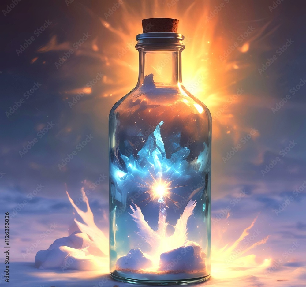 Illustration of bottle with magic spark inside. Illustration of bottle with magic spark inside.