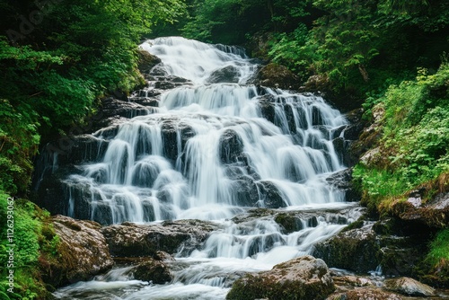 Cascading waterfall creating moisture-rich serenity rocky cliffside nature scene lush environment up-close viewpoint tranquil concept for scenic exploration