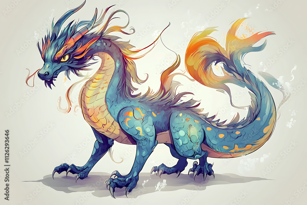 A vibrant, stylized dragon with colorful scales and flowing mane. A vibrant, stylized dragon with colorful scales and flowing mane.