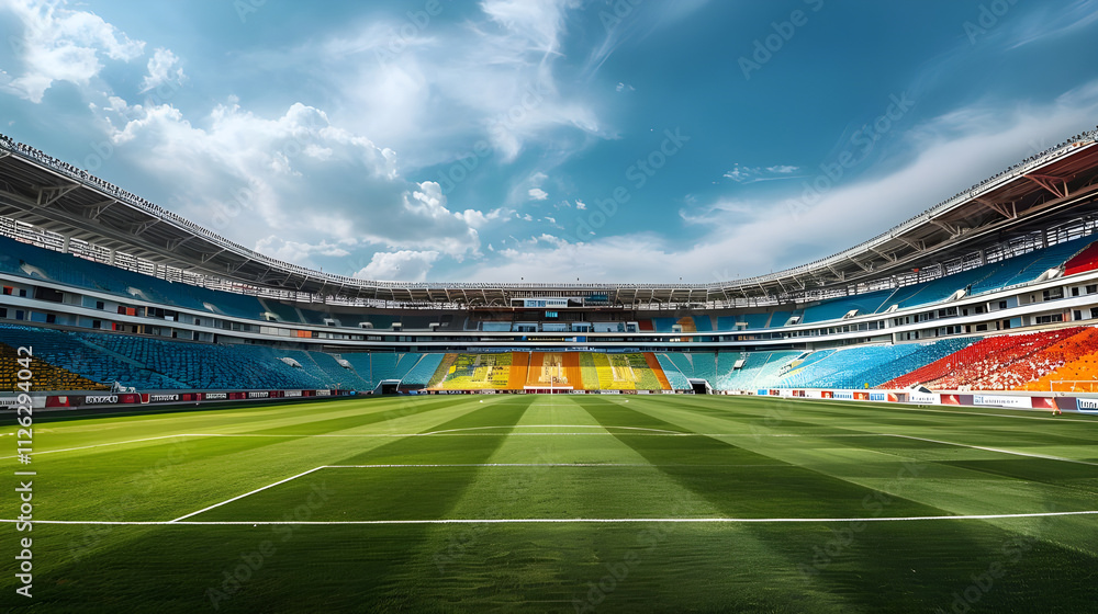 Panoramic view of empty modern stadium on sunny day. Panoramic view of empty modern stadium on sunny day.
