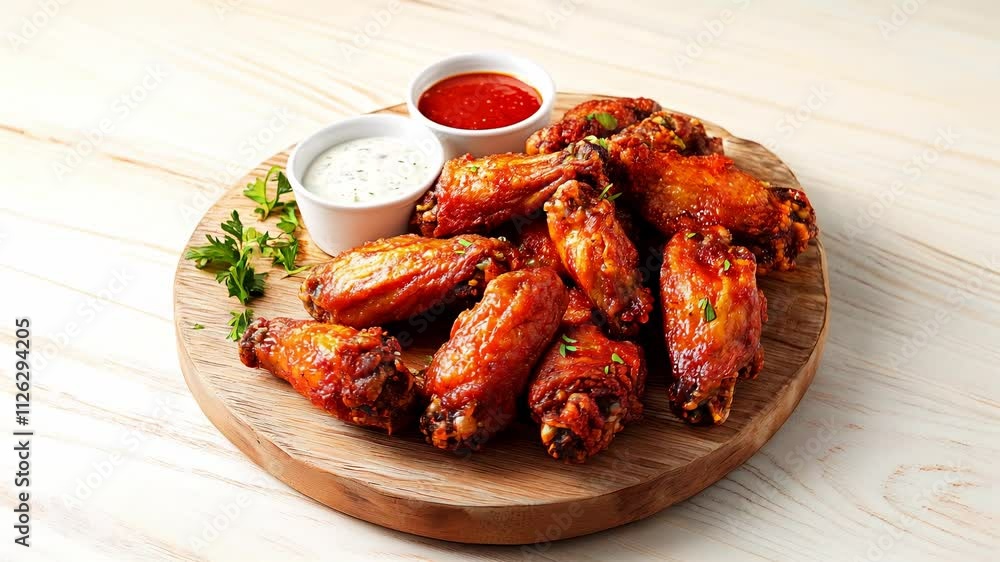 Crispy fried chicken wings served with dipping sauces Crispy fried chicken wings served with dipping sauces