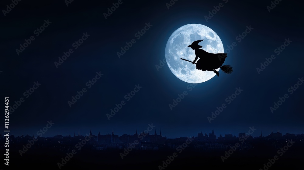 Witch flying on broomstick under full moon night sky fantasy illustration dark atmosphere silhouette concept Witch flying on broomstick under full moon night sky fantasy illustration dark atmosphere silhouette concept