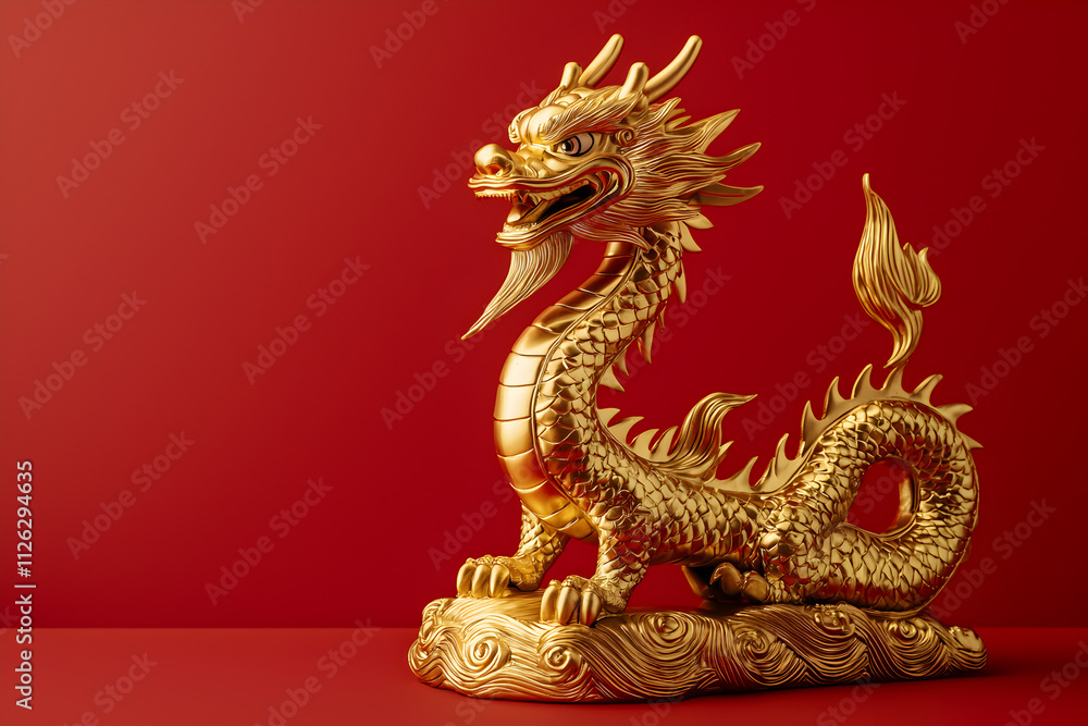 Golden dragon statue on red background. Golden dragon statue on red background.