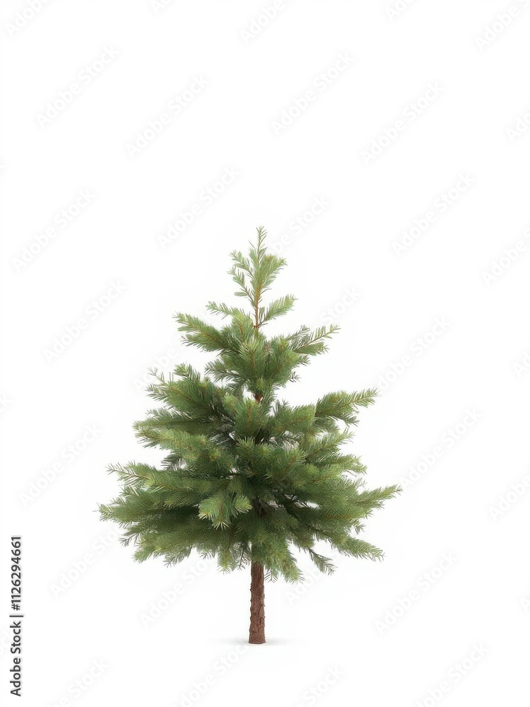 A single spruce tree with dense green needles standing alone on a white background, nature A single spruce tree with dense green needles standing alone on a white background, nature