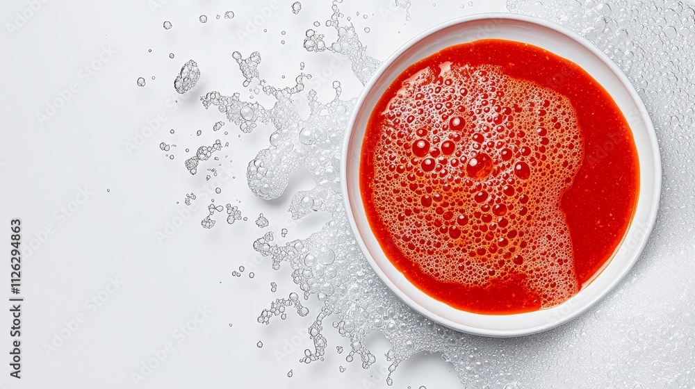 A white ceramic plate stained with red tomato sauce rests beside a scrubbing sponge, the textures of residue and bubbles vividly captured A white ceramic plate stained with red tomato sauce rests beside a scrubbing sponge, the textures of residue and bubbles vividly captured